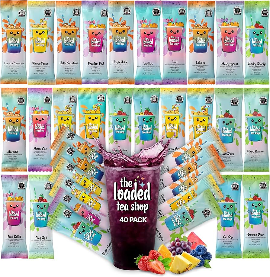The Loaded Tea Shop Energy Drink Mix Sticks, Variety 40 Pack, Sugar-Free, Zero Calories, 200mg Na... | Amazon (US)