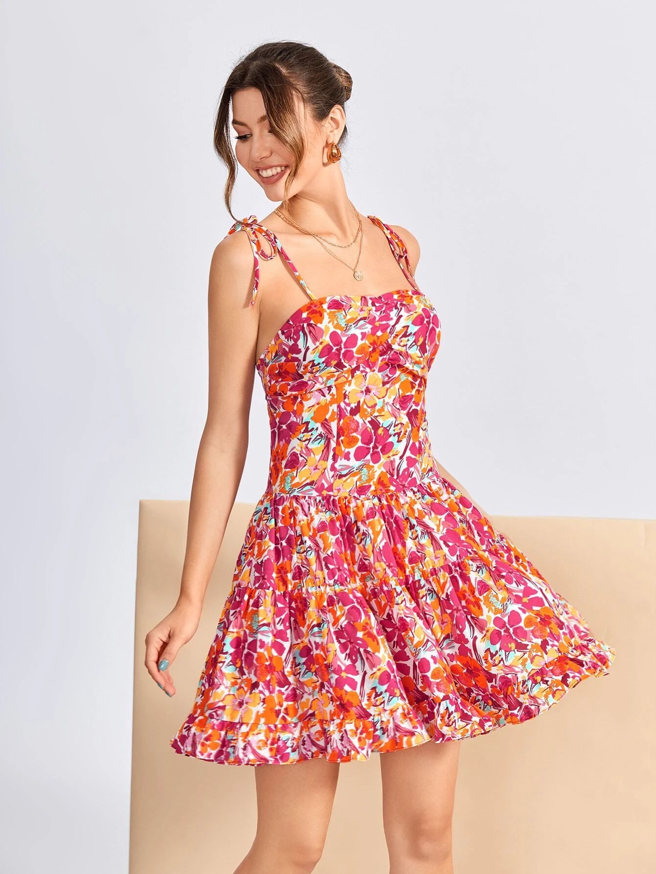 SHEIN X Luisana Batista Floral Print Knotted Tie Backless Ruffle Cami Dress
   SKU: sw22022236500... | SHEIN