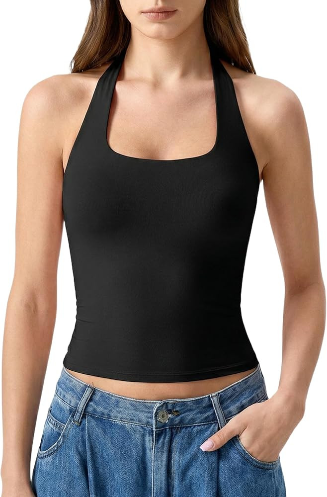 QINSEN Womens Halter Top Double Lined Tank Top Sleeveless Open Back Slim fit Going Out Tops | Amazon (US)