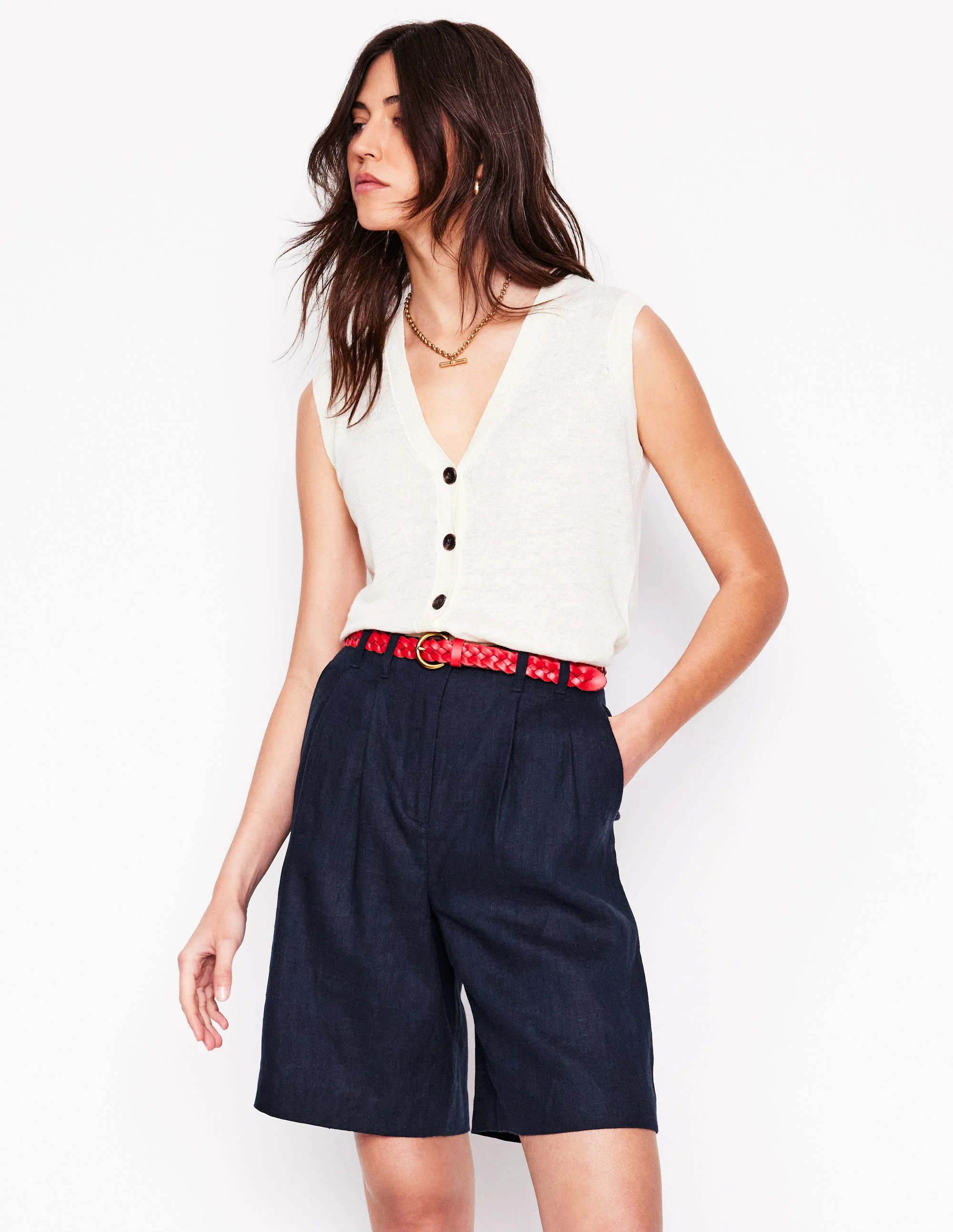 Pleat Linen Wide Leg Shorts-Navy | Boden (US)