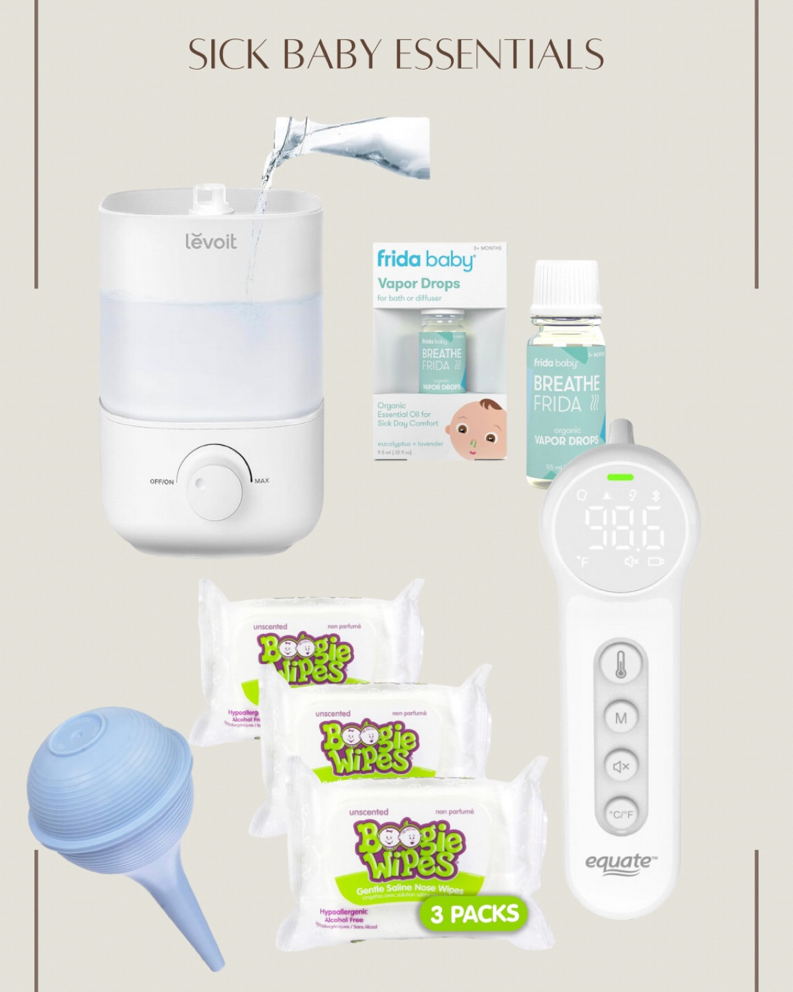 Sick baby essentials 🥲
Baby humidifier-easy to clean!
Vapor drops for easier breathing
Boogie wipes are worth the hype, they help avoid a raw nose
Love this quick read forehead or ear thermometer, affordable too!
Amazon finds

#LTKBaby