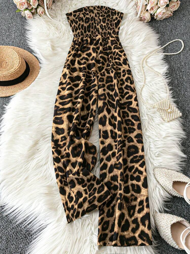 EMERY ROSE Women's Leopard Print Strapless One-Piece Jumpsuit, Casual Daily Wear | SHEIN
