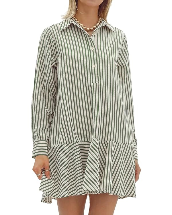 Womens Striped Shirt Mini Dress Long Sleeve Collared Ruffle Hem Button Up Tunic Flowy Swing Dress... | Amazon (US)