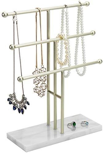 MyGift 3-Tier Brass-Tone Metal T-Bar Necklace Display Stand with Marble Base | Amazon (US)