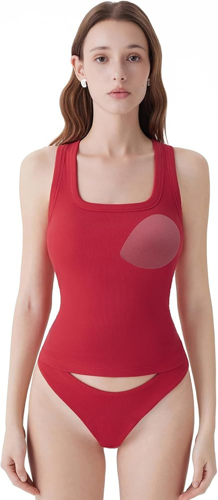 SUUKSESS Womens Padded Cotton Ribbed Tank Tops Square Neck Racerback Basic Tops | Amazon (US)