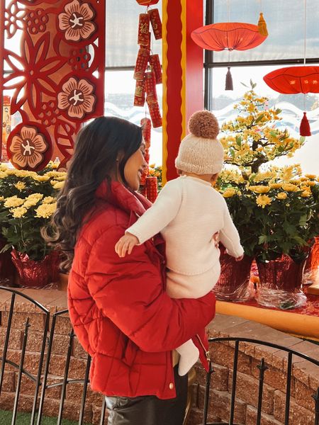 Baby girl winter outfit with a merino wool turtleneck bodysuit, merino wool knit sweater and pant set and chunky knit Pom beanie that says hi! Also linking my red cropped puffer jacket on sale for $80! 

#LTKbaby #LTKfamily