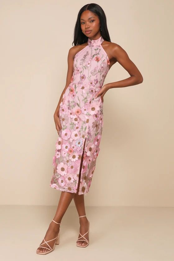 Unique Impression Pink 3D Floral Embroidered Halter Midi Dress | Lulus