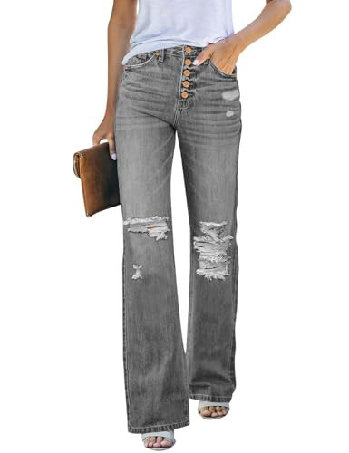 LookbookStore Womens Casual Denim High Waisted Wide Leg Jeans Button Fly Stone Gray Size Medium Fits 8/10 | Amazon (US)