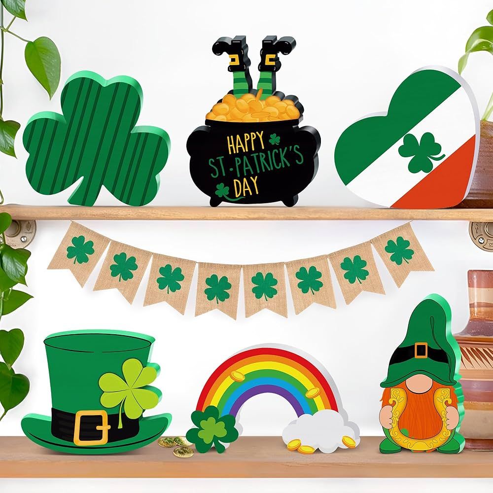 6PCS St. Patrick's Day Wooden Decorations - Irish Theme Wooden Signs Freestanding Shamrock Table ... | Amazon (US)