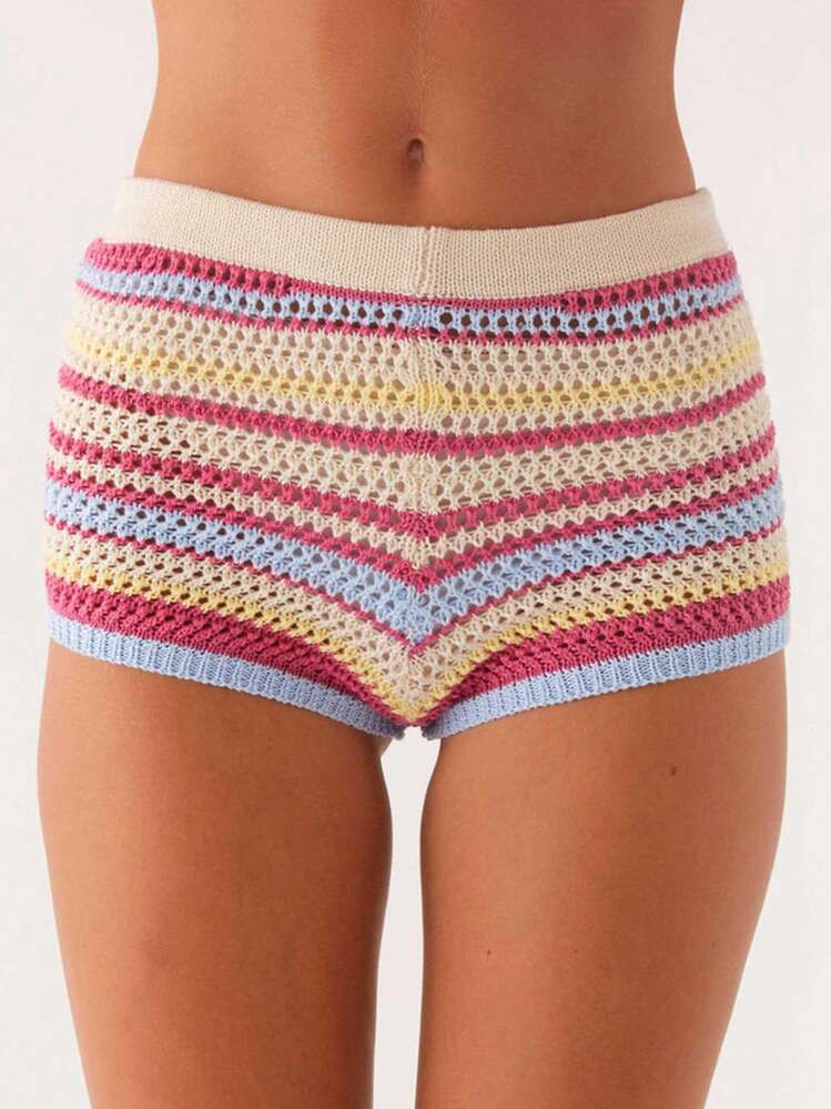 Fashion Women's Knitted Brief Shorts Colorful Wave Striped Slim Fit Shorts For Spring Summer Fall Loungewear | SHEIN