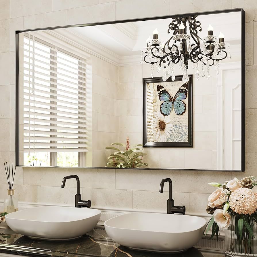 Bathroom Mirror, 30" x 48" Wall Mirror, Brushed Metal Frame Wall Mounted Rectangle Mirror for Living Room Bedroom Bathroom Entryway, Black | Amazon (US)