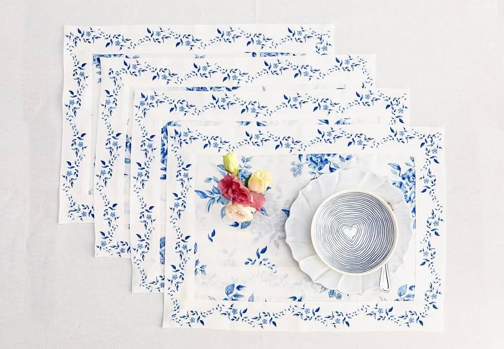 Solino Home Linen Placemats 14 x 19 Inch – 100% Pure Linen Printed Tablemats Set of 4 – Blue ... | Amazon (US)