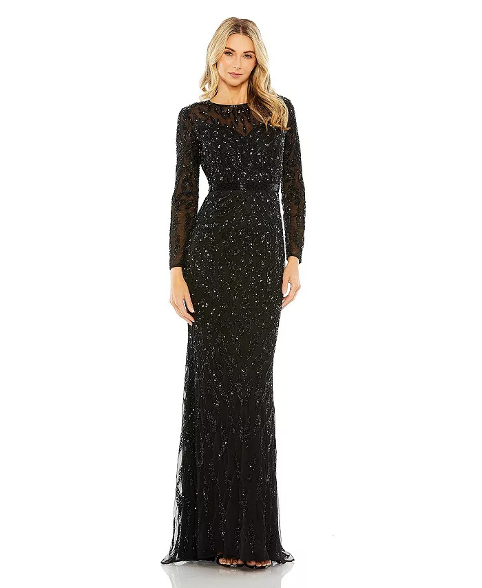 Women's Beaded Long Sleeve Evening Gown | Macy's