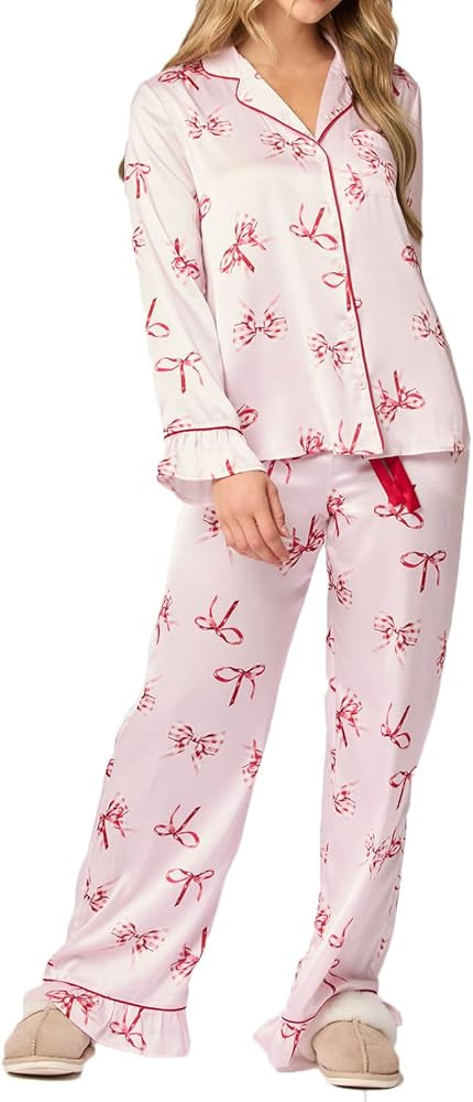 Piacakece Women 2 Piece Satin Pajama Set Cute Bow Print Long Sleeve Shirt Loose Shorts Matching S... | Amazon (US)