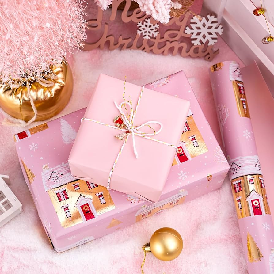 WRAPAHOLIC Reversible Christmas Wrapping Paper - Mini Roll - 17 Inch X 33 Feet - Pink House and S... | Amazon (US)