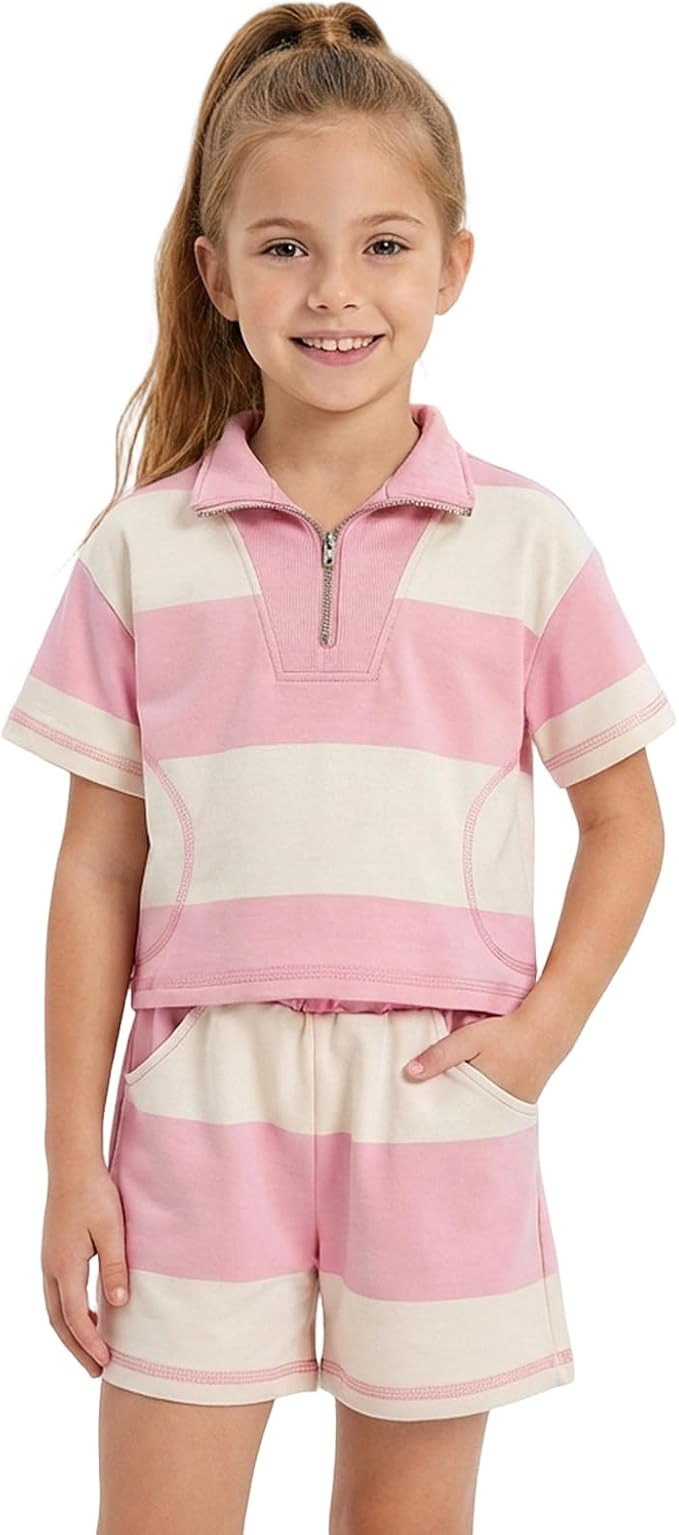 GRNSHTS Girls 2 Piece Summer Outfit - Trendy Half Zip Collared Striped Shirt & Shorts Set for Cas... | Amazon (US)