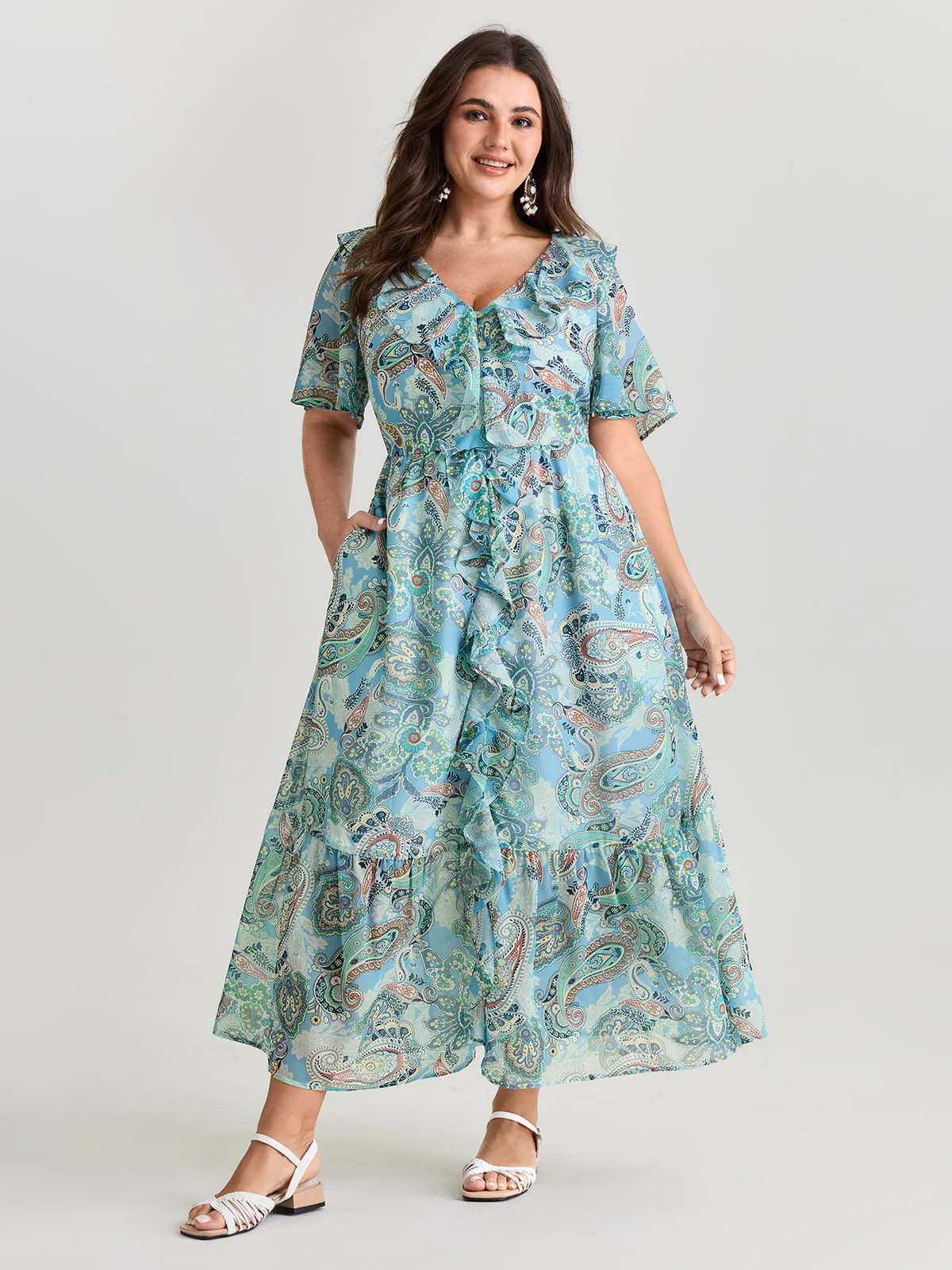 Delicate Paisley Print Ruffled Detail Maxi Dress | Bloomchic