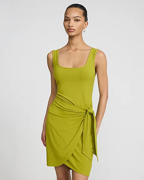 Ribbed Knit Scoop Neck Wrap Tie Mini Sheath Dress | Express