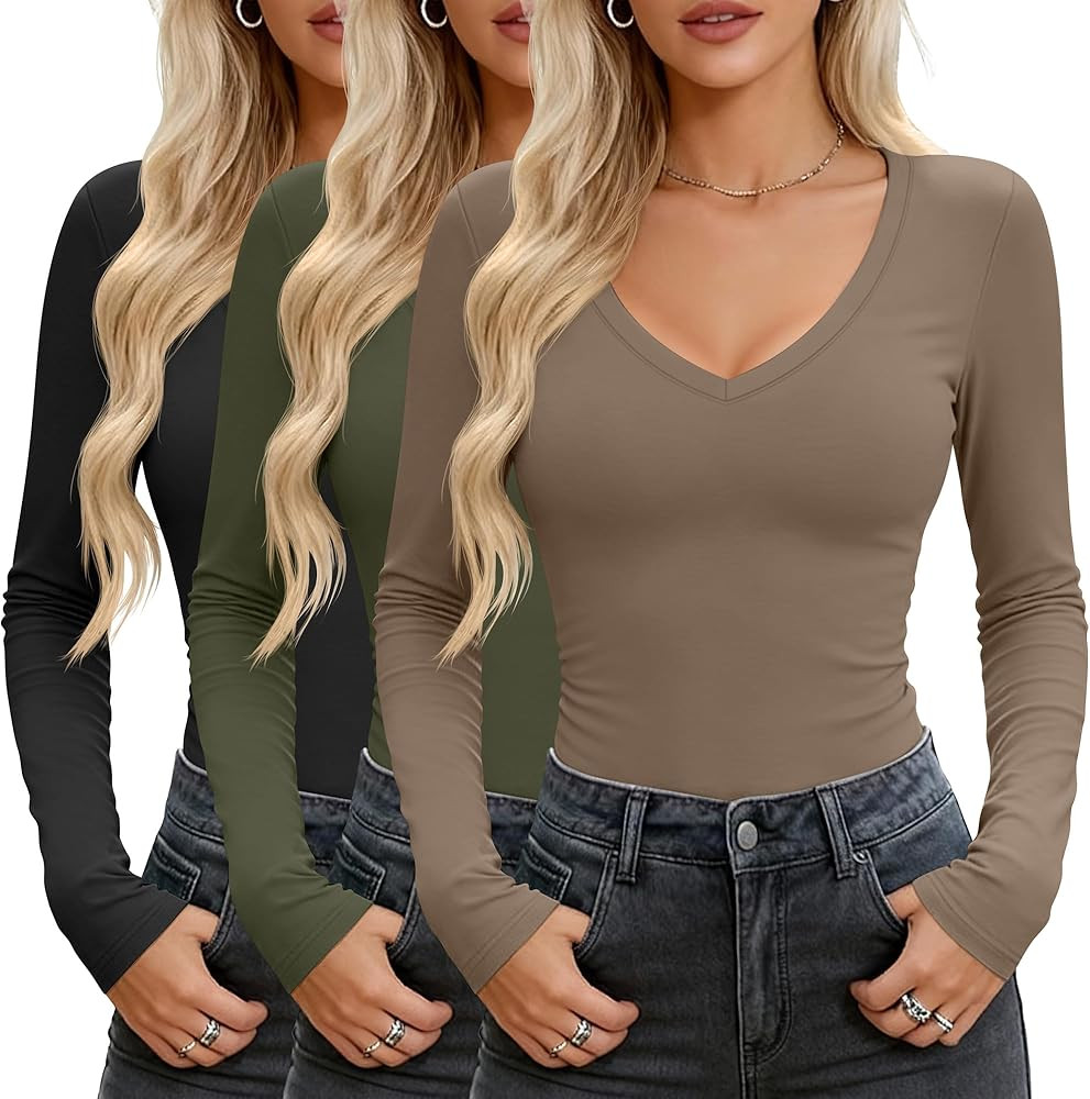 Huukeay 3 Pack Women's V Neck Long Sleeve Shirts Layering Undershirts Slim Fit Ladies Tops Unders... | Amazon (US)