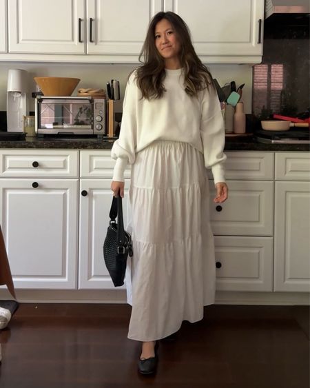white on white monochrome outfit perfect for spring summer and work 

oak + fort / (linked but out of stock) White tiered maxi skirt 
fp and amazon / White easy dolman sweater 
flats / target 
bag/ [old] banana republic 

#LTKfindsunder50 #LTKfindsunder100 #LTKSeasonal