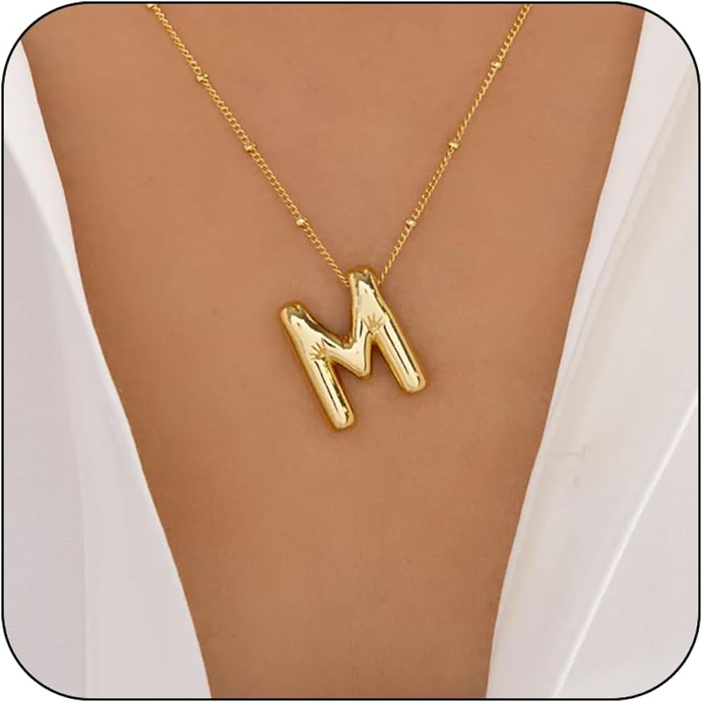 Bubble Letter Necklace For Women, Balloon Initial Alphabet Pendant 18k Gold Plated Dainty Stateme... | Amazon (US)