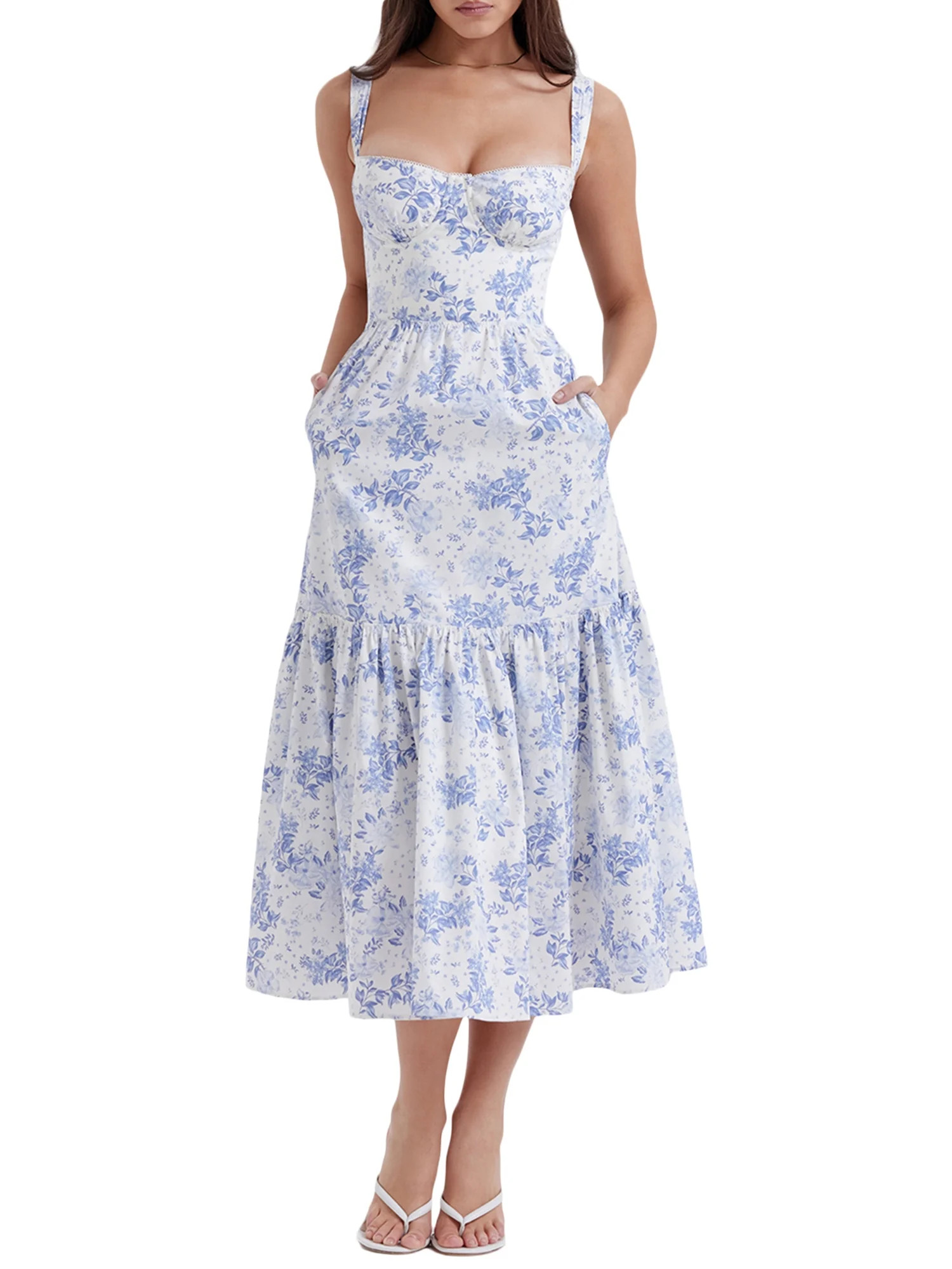 Women Y2k Floral Midi Corset Dress Boho Sleeveless Strap Square Neck Flowy Long Dresses Summer A-... | Walmart (US)