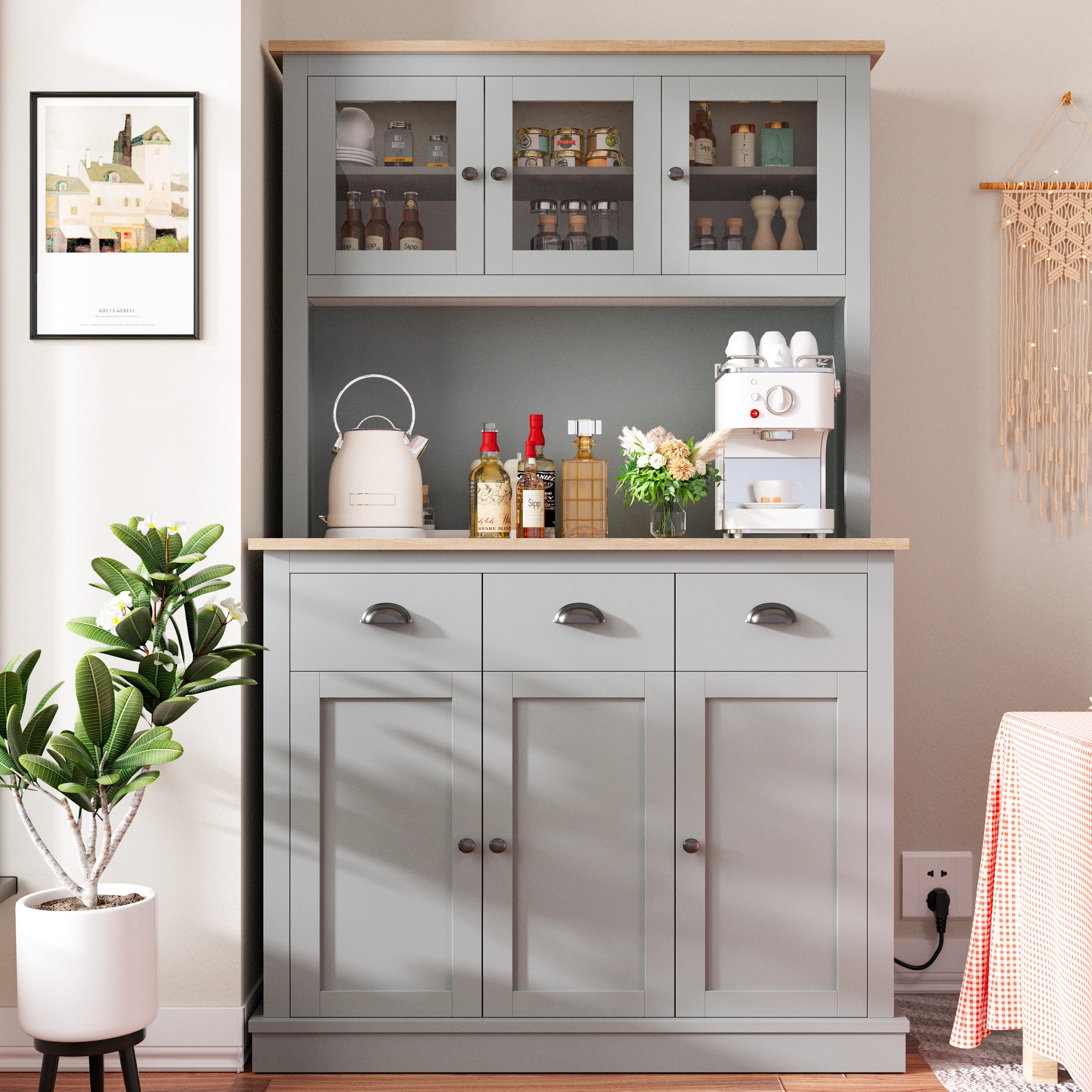 71" Kitchen Hutch Storage Cabinet With Charging Station | Wayfair North America