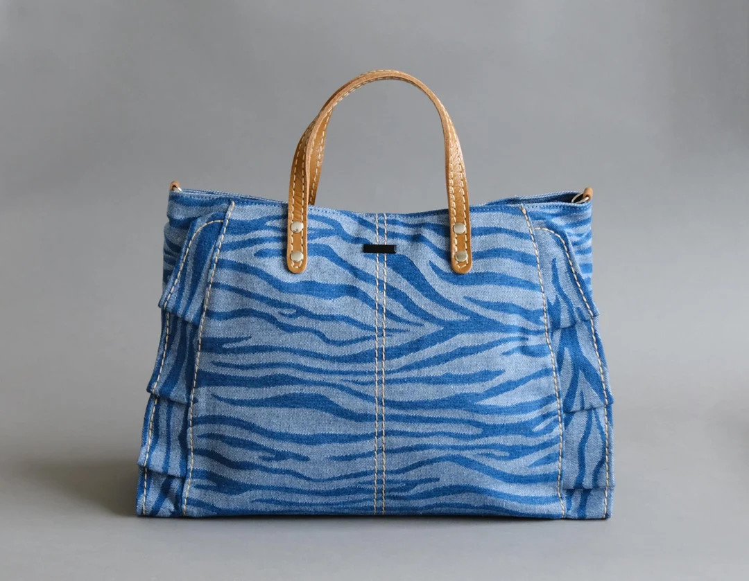 Denim Ruffle Handbag with Leather Handle, Denim Tote Bag, Jean Crossbody Purse, Casual Daily Bag ... | Etsy (US)