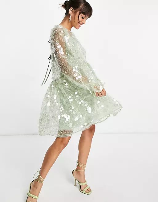 ASOS EDITION mini smock dress in embroidered sequin in mint green | ASOS (Global)
