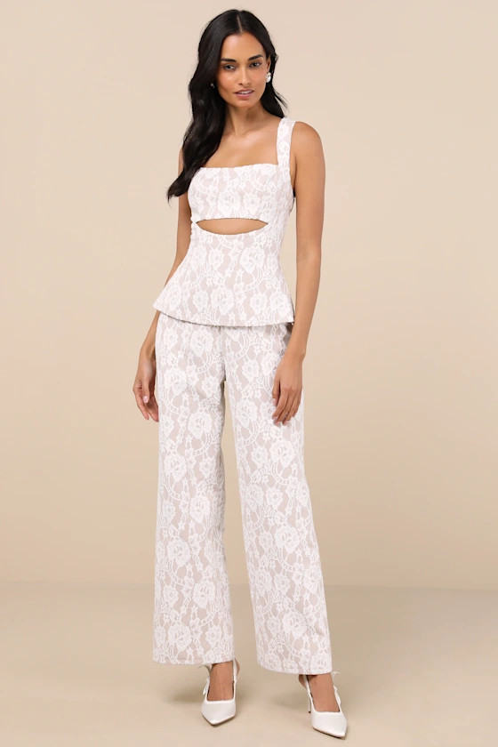 Eillis White and Beige Lace Cutout Sleeveless Jumpsuit | Lulus