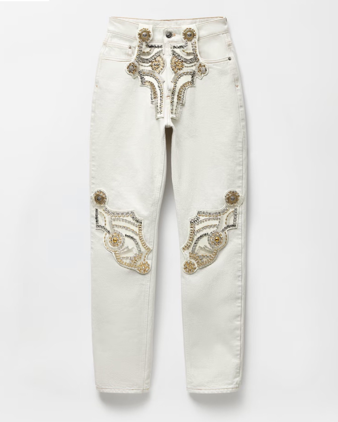Relaxed straight-leg jeans in light-washed cotton denim featuring hand-embroidered beads, crystals, and Medusa hardware embellishments. A leather label details the back with a heat-stamped Versace Logo and 3D Medusa hardware.
Beads, crystal and paillette embellishments
Medusa hardware
Back leather label
Belt loops
Concealed front button closure
Five-pocket design
Outer composition: 100% Cotton
Trim 1: 100% Lambskin
Trim 2: 100% Calf leather
Size & Fit
Relaxed fit
The model is 1.78 m tall and wears size 26 IT

#LTKSaleAlert #LTKdayinmylife #LTKU