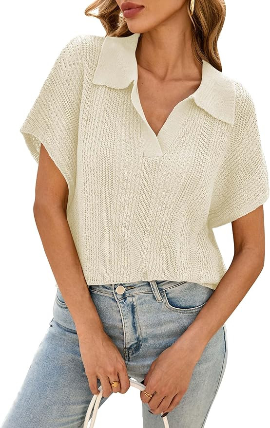 Cakulo Spring Summer Crochet Tops for Women 2025 Crop Knit Short Sleeve Polo V Neck Collared Holl... | Amazon (US)