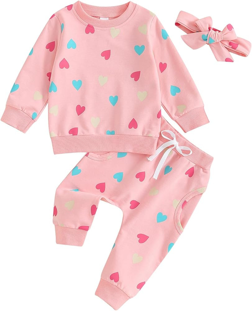 Foidiccx Toddler Baby Girl Spring Outfits Long Sleeve Heart Print Sweatshirt Pants Headband 3 Pcs... | Amazon (US)