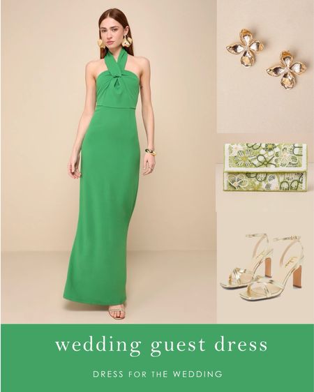 Gorgeous green gown for formal wedding guest dress. Gold floral earrings, strappy gold heels, and beaded clutch for a wedding guest. Lulus wedding guest dresses, dress under 100, black tie wedding, summer wedding, green dress, what to wear to a  2024 wedding, over sized floral earrings, statement earrings. Earrings under $20. 

#LTKSeasonal #LTKwedding #LTKfindsunder100