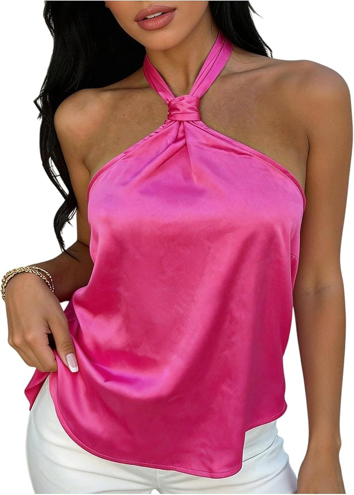 SOLY HUX Women's Summer Halter Tops Silk Satin Tie Backless Sleeveless Going Out Top | Amazon (US)