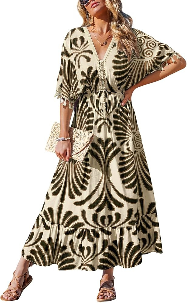 CUPSHE Women Summer Dresses Tassel Tie Front V Neck Batwing Sleeve Smocked Flowy Hawaiian Casual ... | Amazon (US)