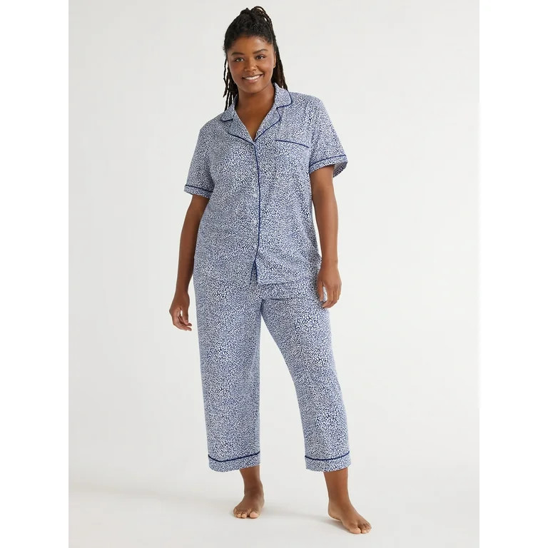 Joyspun Women's Knit Short Sleeve Notch Collar Top and Capri Pajama Set, 2-Piece, Sizes S to 3X -... | Walmart (US)