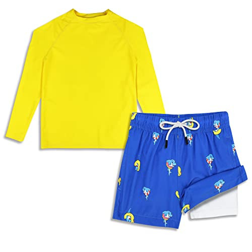 Baby boy Swim Suit Boys Swim Set Size 7 Boys Swim Trunks with Rash Guard UPF 50+ Anti chafed Blue Yellow Swim Ring Shark | Amazon (US)