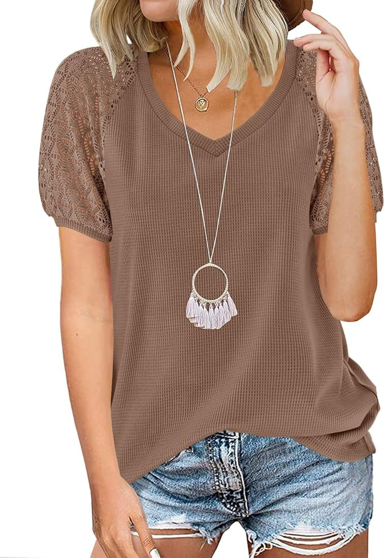 MEROKEETY Women's Summer Lace Short Sleeve V Neck Tops Shirt Loose Casual Waffle Tee Blouse | Amazon (US)