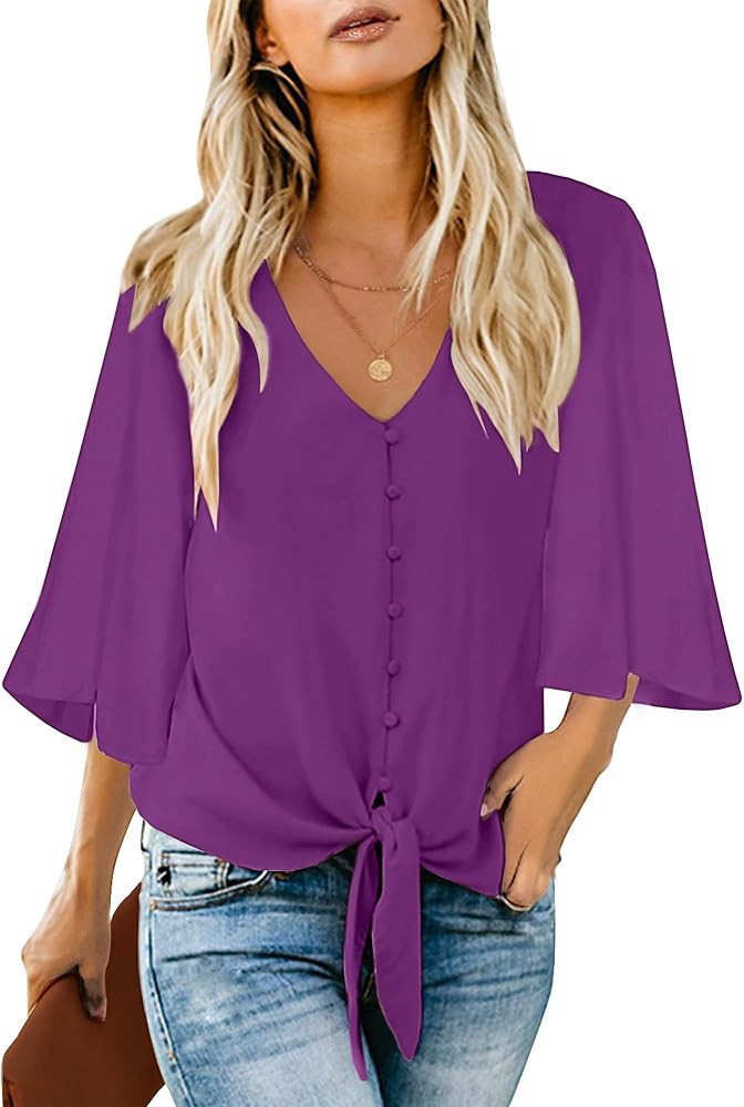 luvamia Women's Casual V Neck Tops 3/4 Sleeve Tie Knot Blouses Solid Button Down Shirts | Amazon (US)