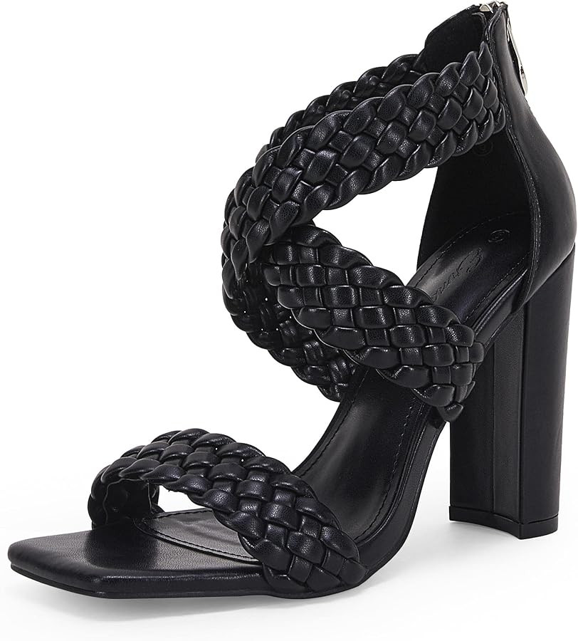 Ermonn Women's Square Toe Heeled Sandals Crisscross Braided Strap Chunky High Heel Zipper Wedding... | Amazon (US)
