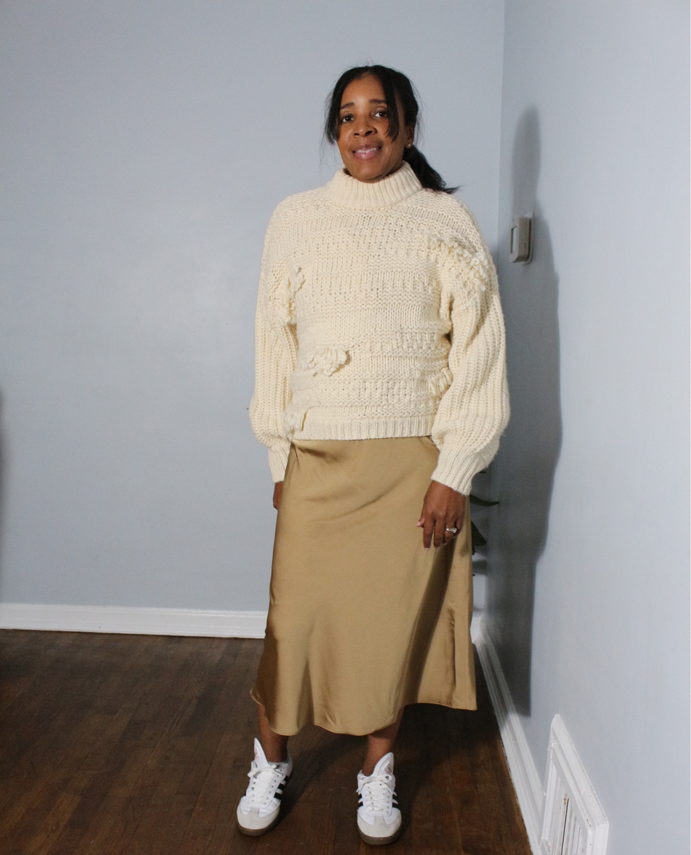 Slip skirt chunky sweater adidas comfy fall look #skirt #jcrew #target 

#LTKsalealert #LTKworkwear #LTKstyletip