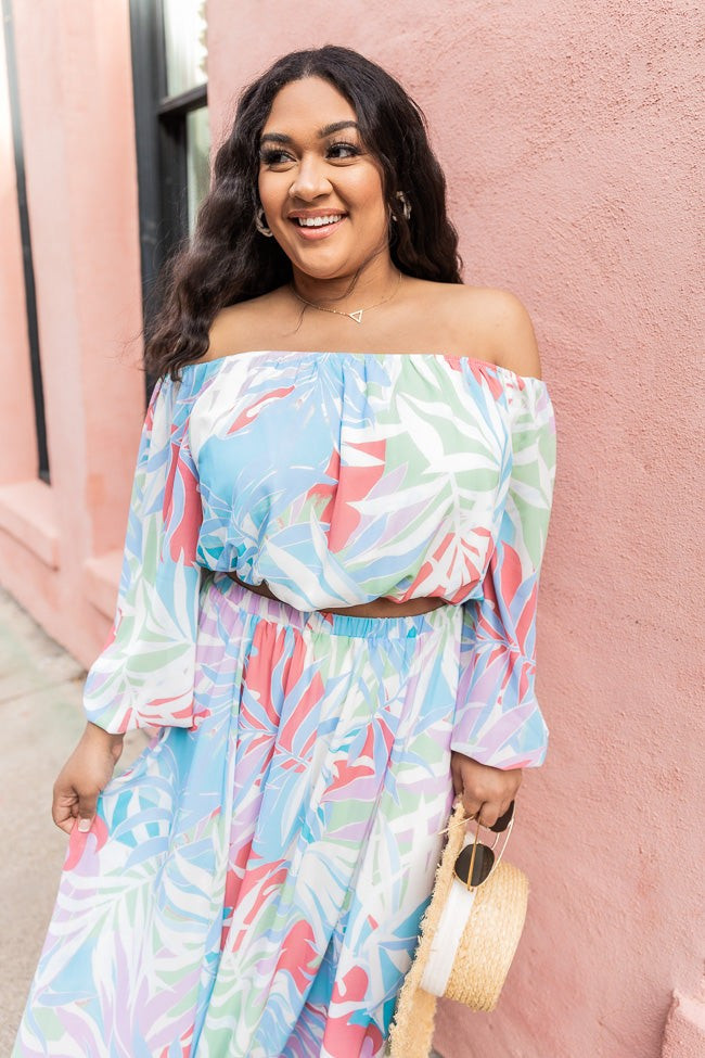 Simple Sign Blue Tropical Off The Shoulder Crop Top | Pink Lily