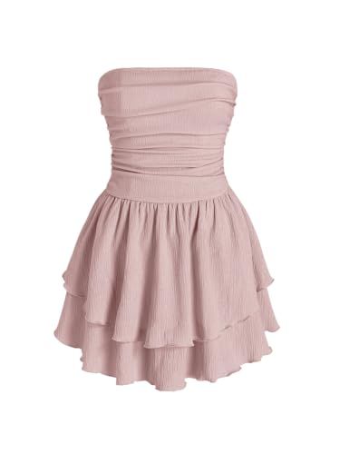 CIDER Women's Summer Cocktail Dress - Tube Ruched Ruffle Mini Dress | Amazon (US)