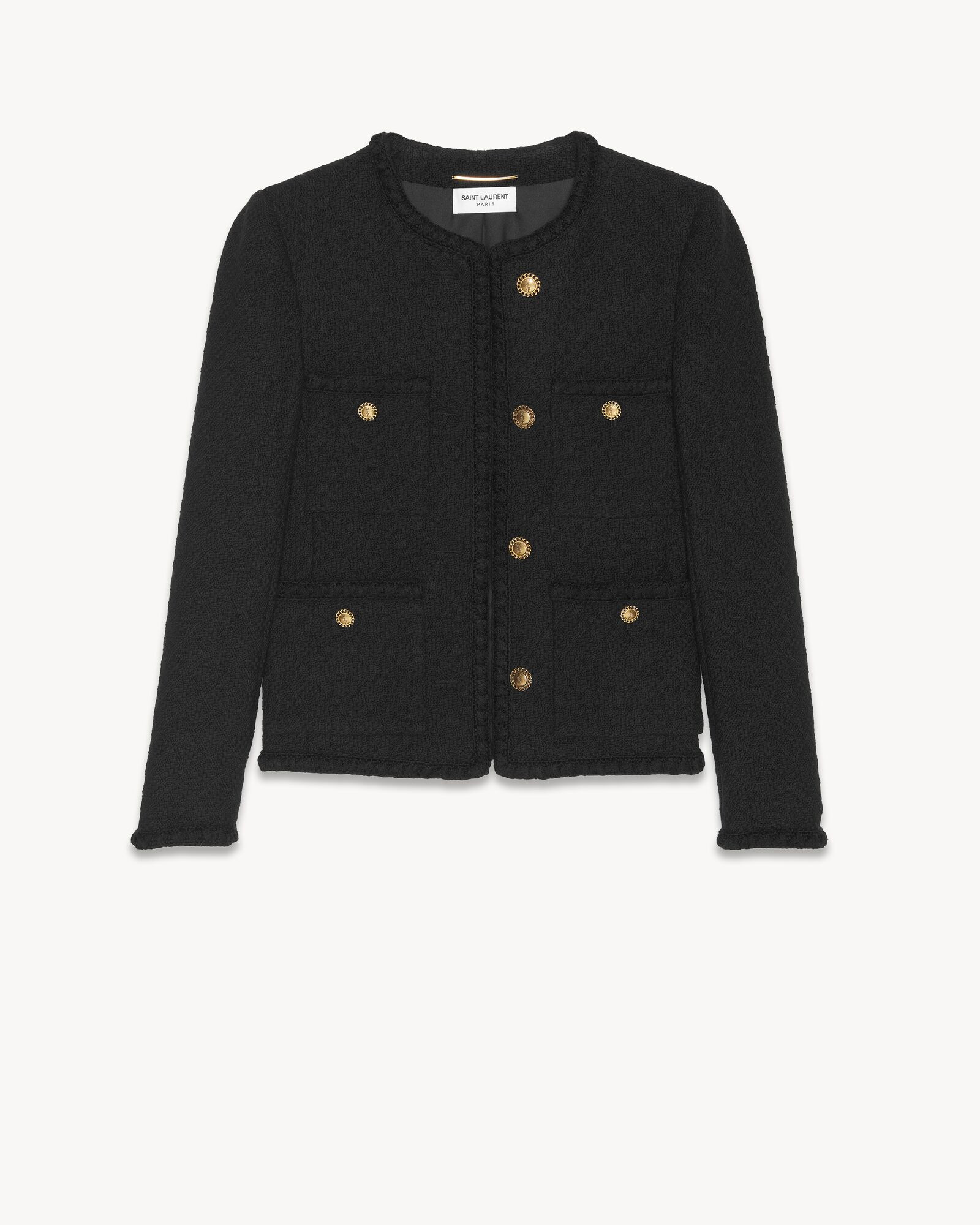 Short open jacket with a round-neck collar and featuring patch pockets with button closure, a bra... | Saint Laurent Inc. (Global)
