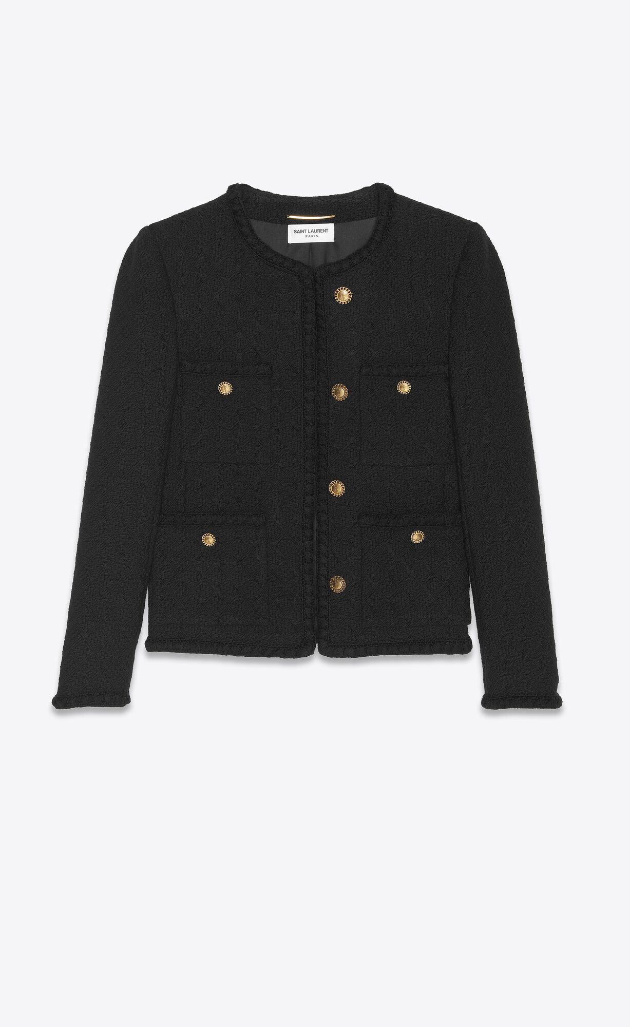 Short open jacket with a round-neck collar and featuring patch pockets with button closure, a bra... | Saint Laurent Inc. (Global)