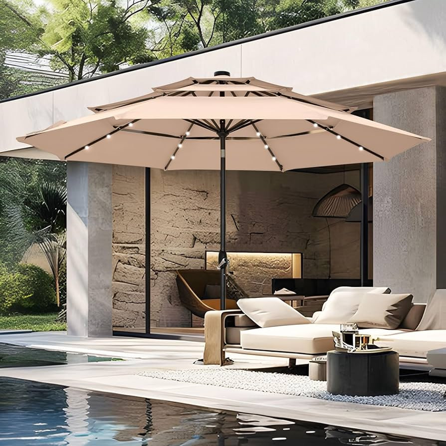 PHI VILLA 10ft Patio Umbrella with Solar Lights, Outdoor 3 Tier Vented Large Market Table Umbrell... | Amazon (US)