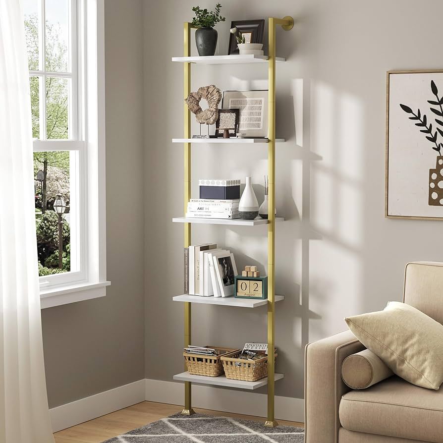 5-Tier Ladder Bookcase, Tall Narrow Bookshelf for Small Spaces, Modern Book Storage Organizer Cas... | Amazon (US)