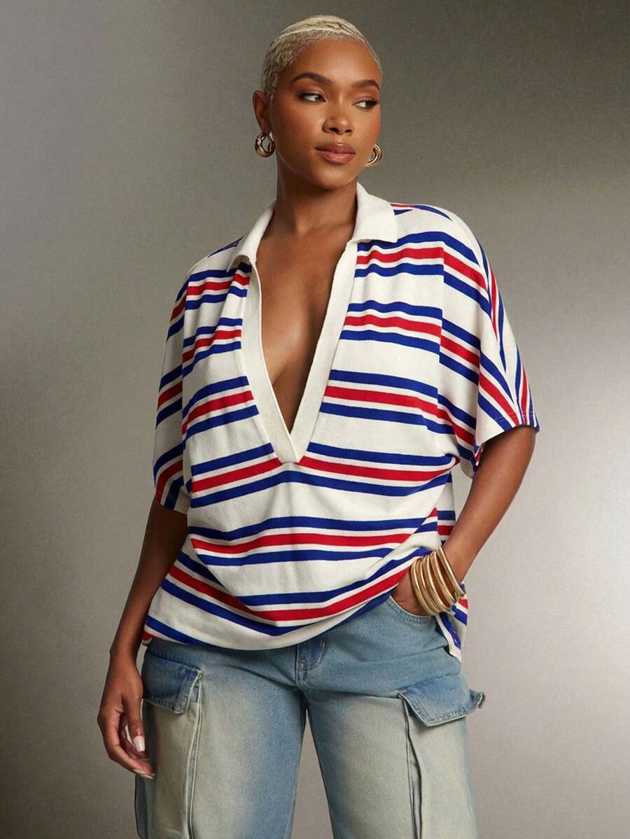 Denimoi Plunge Neck Collared Oversized Striped Polo Top Fashionable Tops, Contrasted Colors, V Ne... | SHEIN