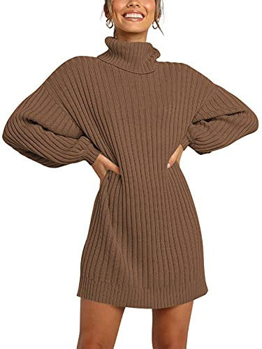ANRABESS Women Oversized Sweater Dress Turtleneck Batwing Long Sleeve Ribbed Knit Loose 2025 Fall Winter Casual Short Dress 240zongtuo-M Camel | Amazon (US)